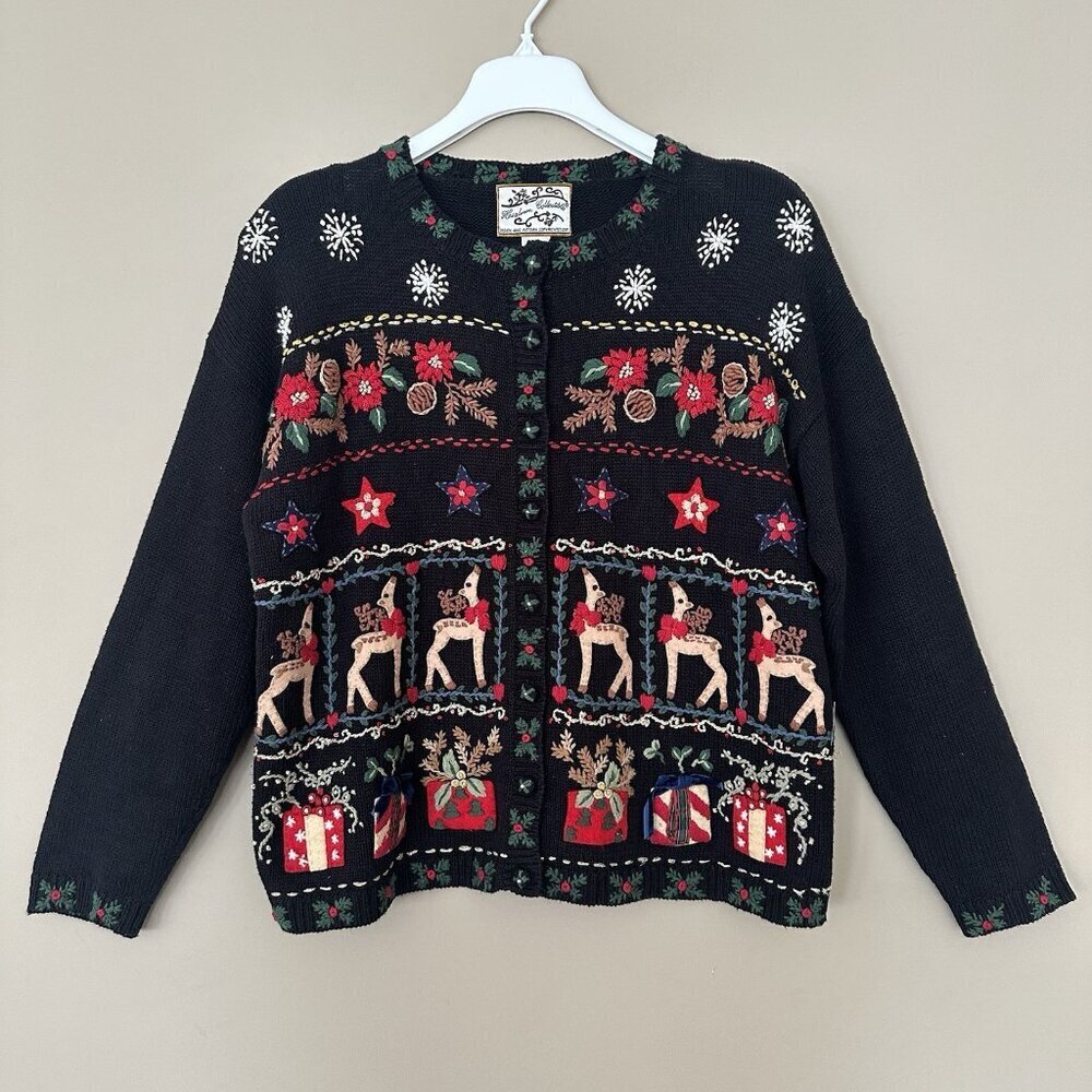 Vintage Christmas Sweater Women M Hierloom Collectibles Reindeer Embroidered Car